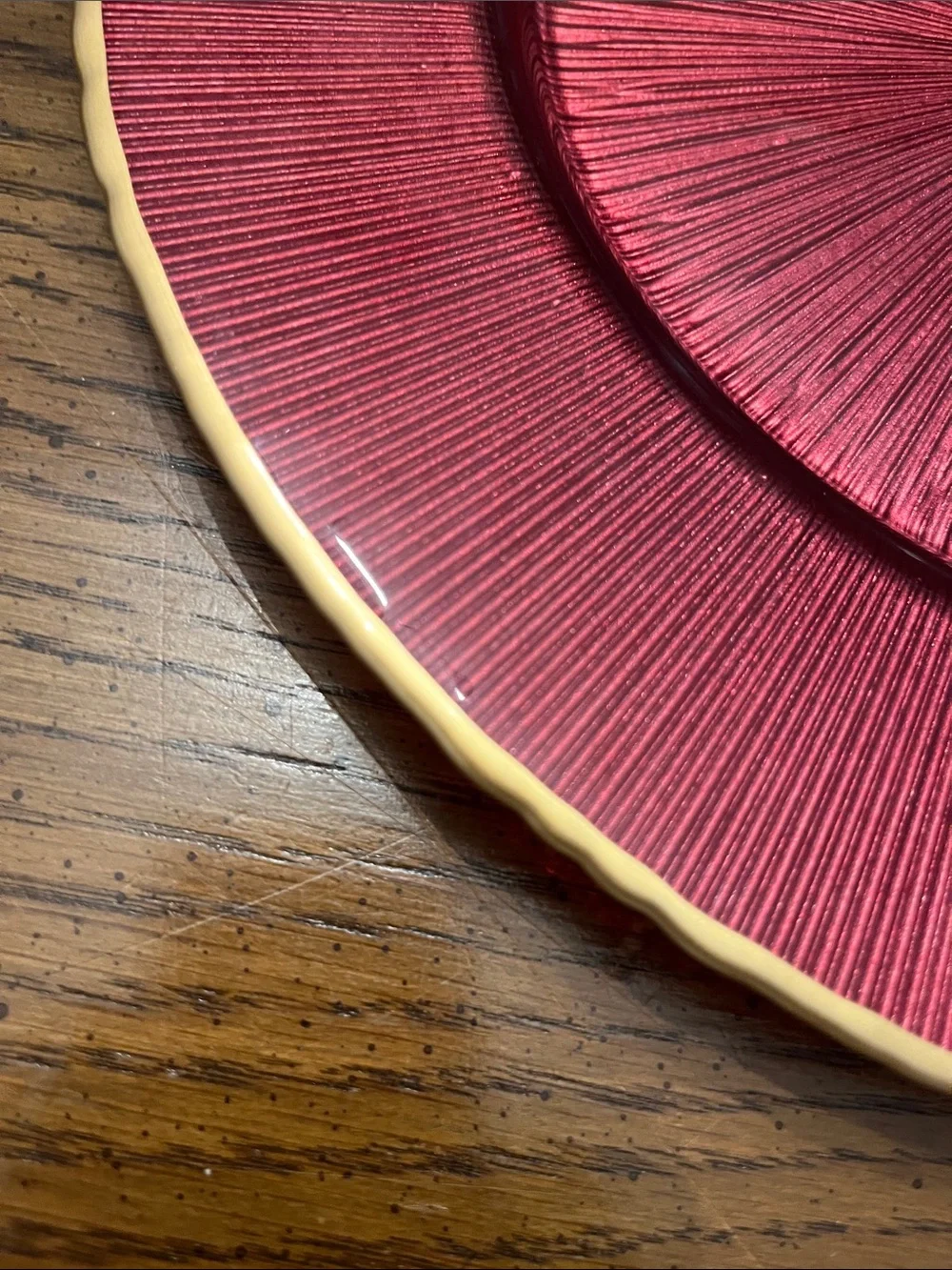 Williams Sonoma Red Charger Glass Plates with Gold Trim, new with tags